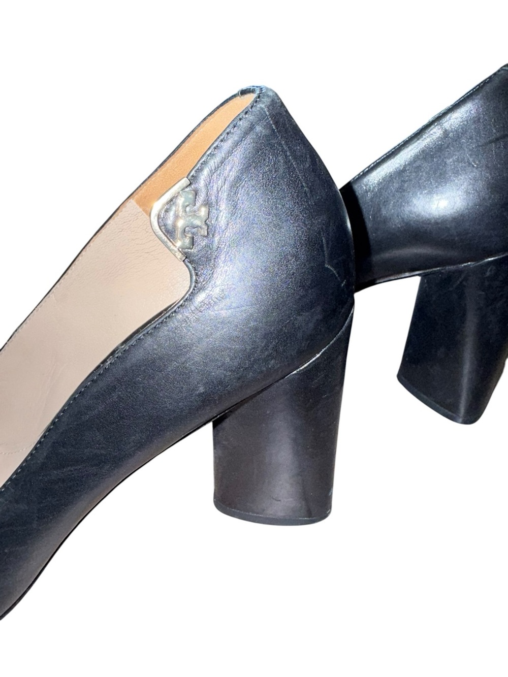 Tory Burch Black Leather Elizabeth 4” Block heel Pumps Size 9.5 Gold Tone Hw - Picture 8 of 10